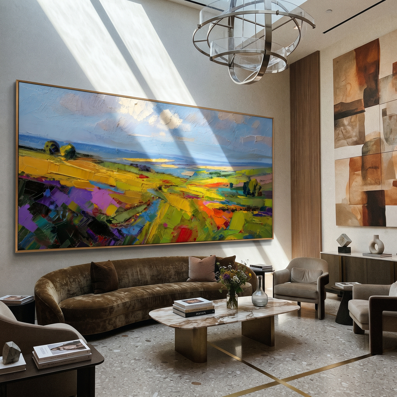 "Rainbow Hillside Path" - Colorful Landscape Painting | Modern Wall Art