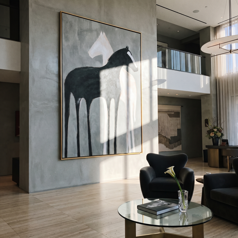 "Black Horse Quiet" - Minimal Horse Painting | Animal Wall Art