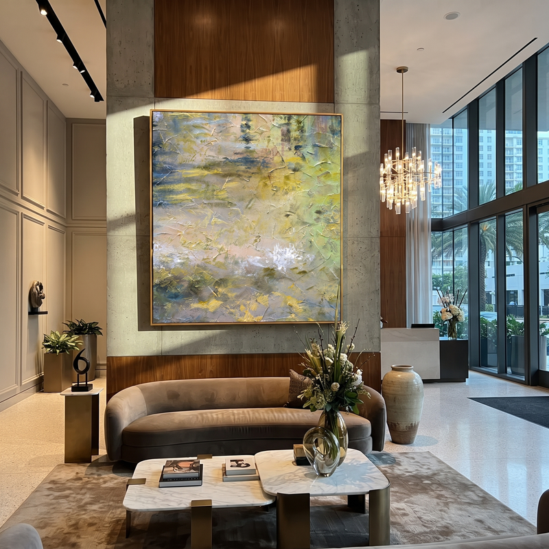 "Golden Sage Terrain" - Green Yellow Textured Abstract Painting | Modern Wall Art