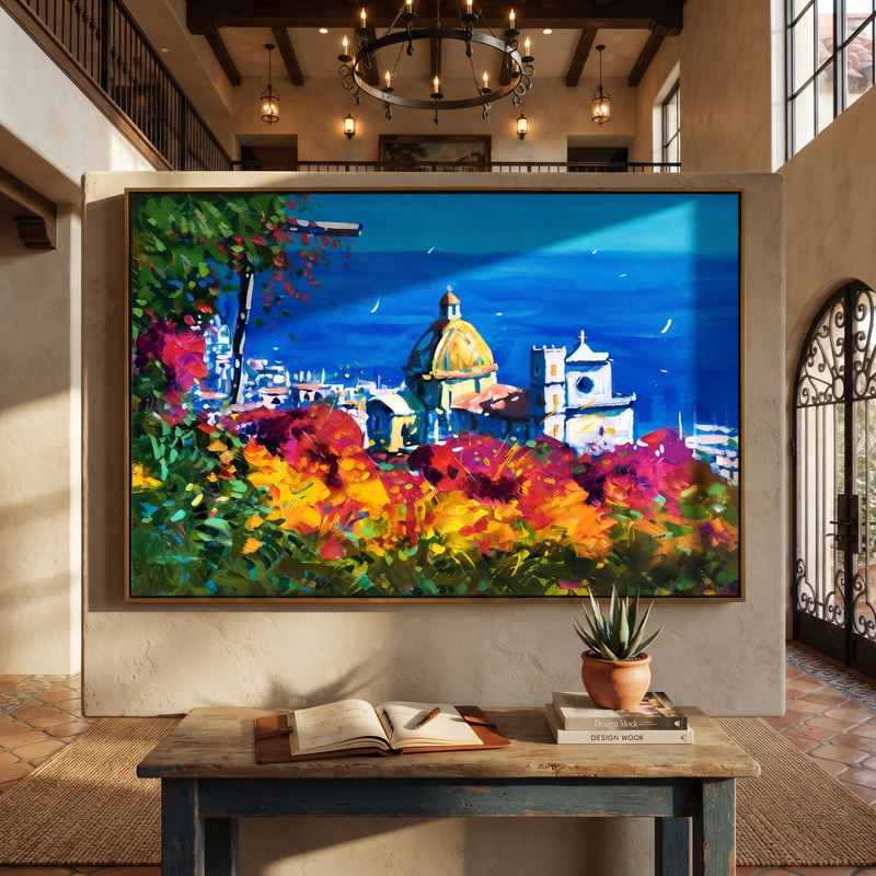 "Azure Coastal Dome" - Colorful Seaside Landscape Painting | Mediterranean Wall Art