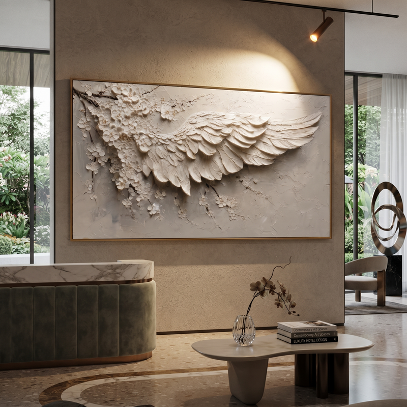 "White Relief Wing" - Textured Plaster Floral Painting | Wabi-Sabi Wall Art
