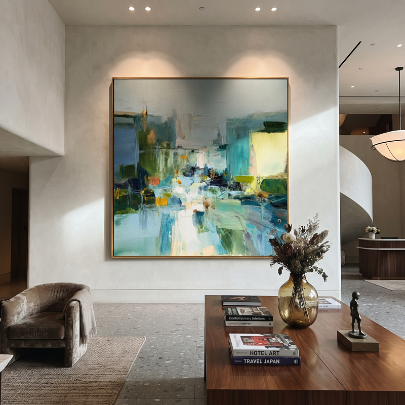 "Aqua City Mist" - Blue Green Abstract City Painting | Modern Wall Art