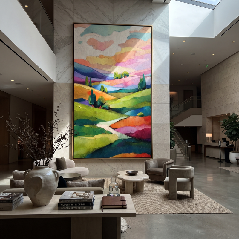 "Pastel Valley Road" - Colorful Rolling Hills Painting | Modern Wall Art