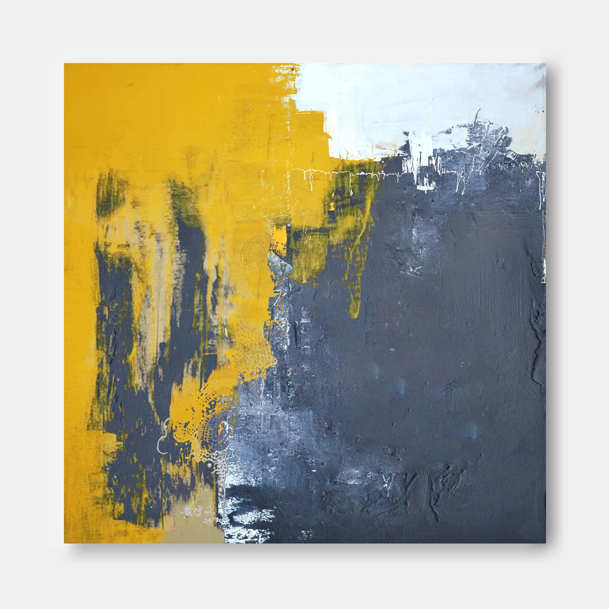 "Urban Resilience" – Industrial Wabi-Sabi Charcoal & Yellow Abstract | Minimalist Studio Statement Art