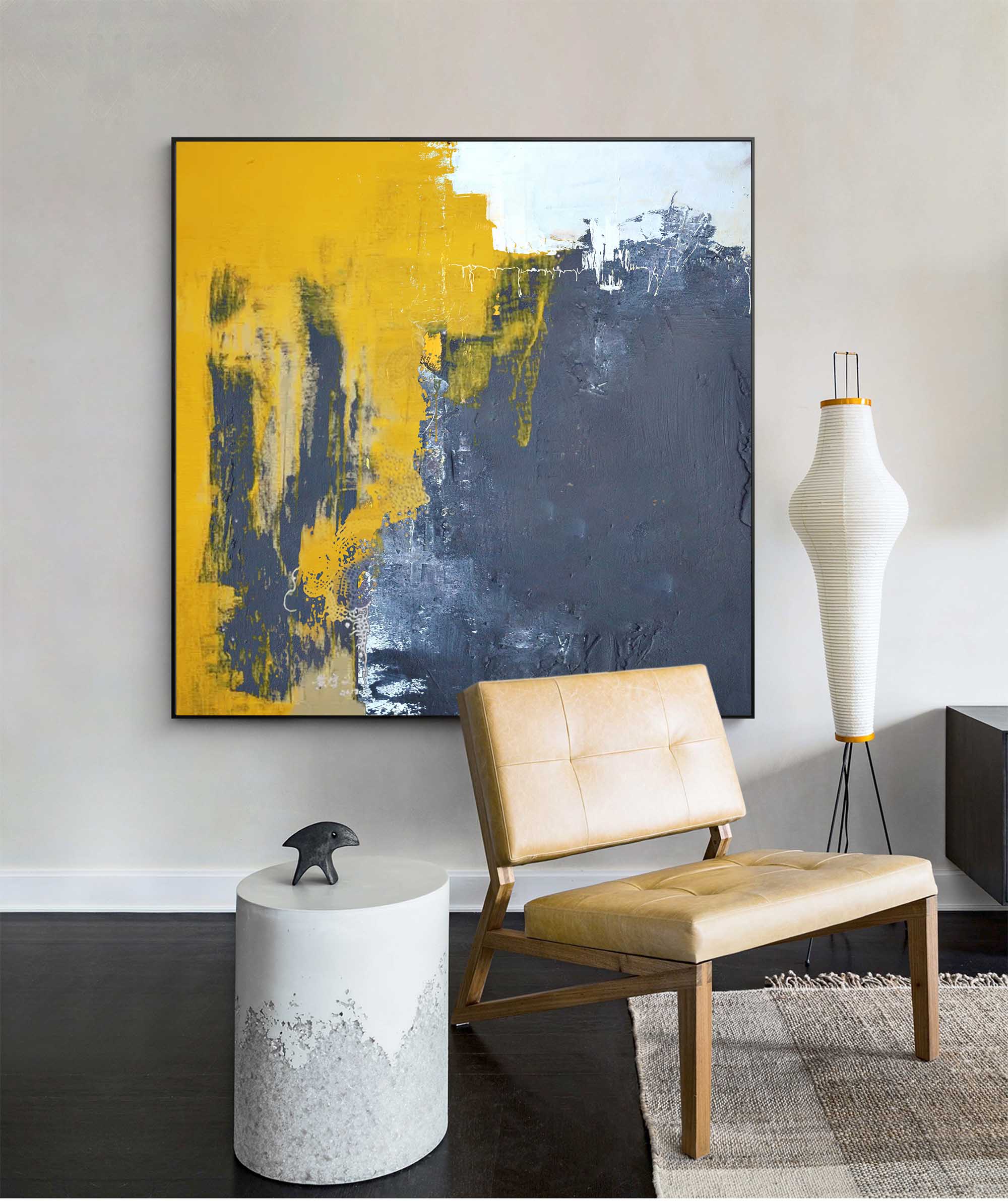 "Urban Resilience" – Industrial Wabi-Sabi Charcoal & Yellow Abstract | Minimalist Studio Statement Art