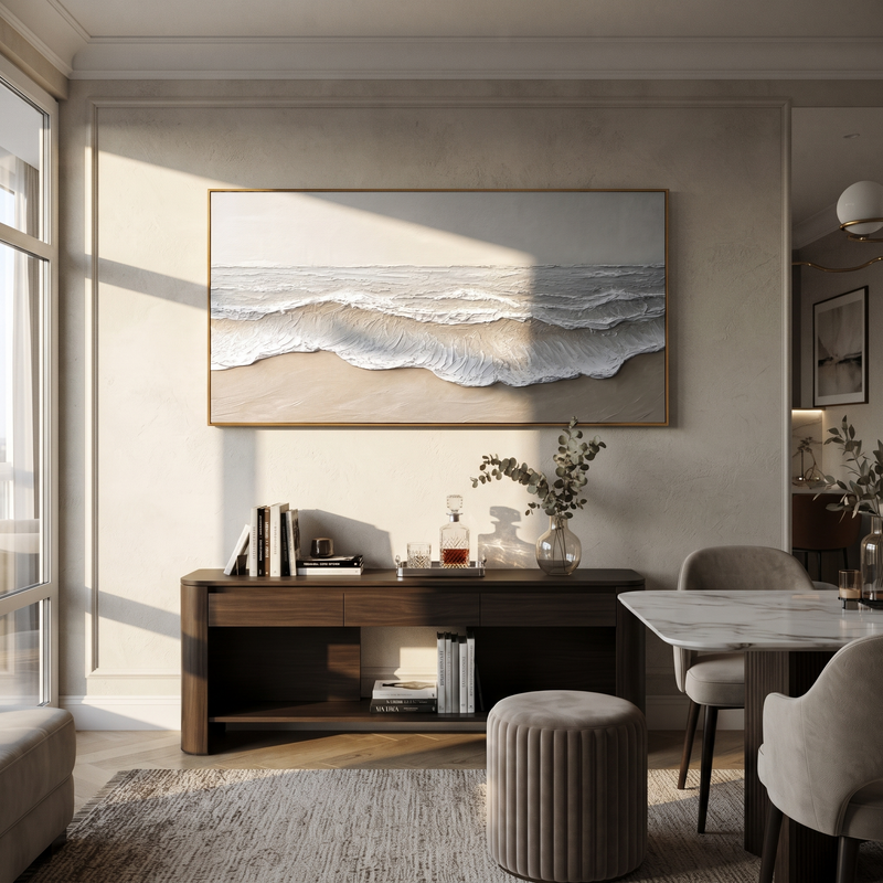 "Quiet Shore Relief" - White Beige Textured Ocean Painting | Wabi-Sabi Wall Art