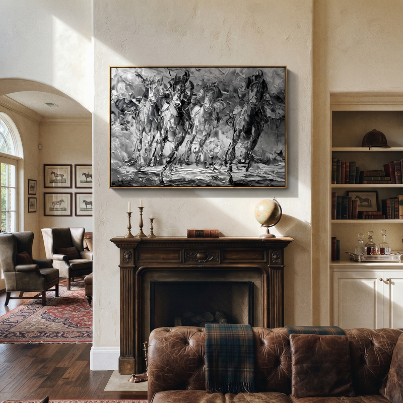 "Silver Horse Riders" - Black White Equestrian Painting | Vintage Wall Art