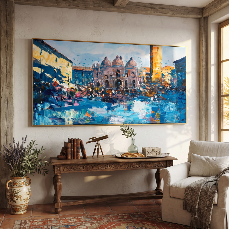"Venice Blue Light" - Colorful Urban Canal Painting | Landscape Wall Art