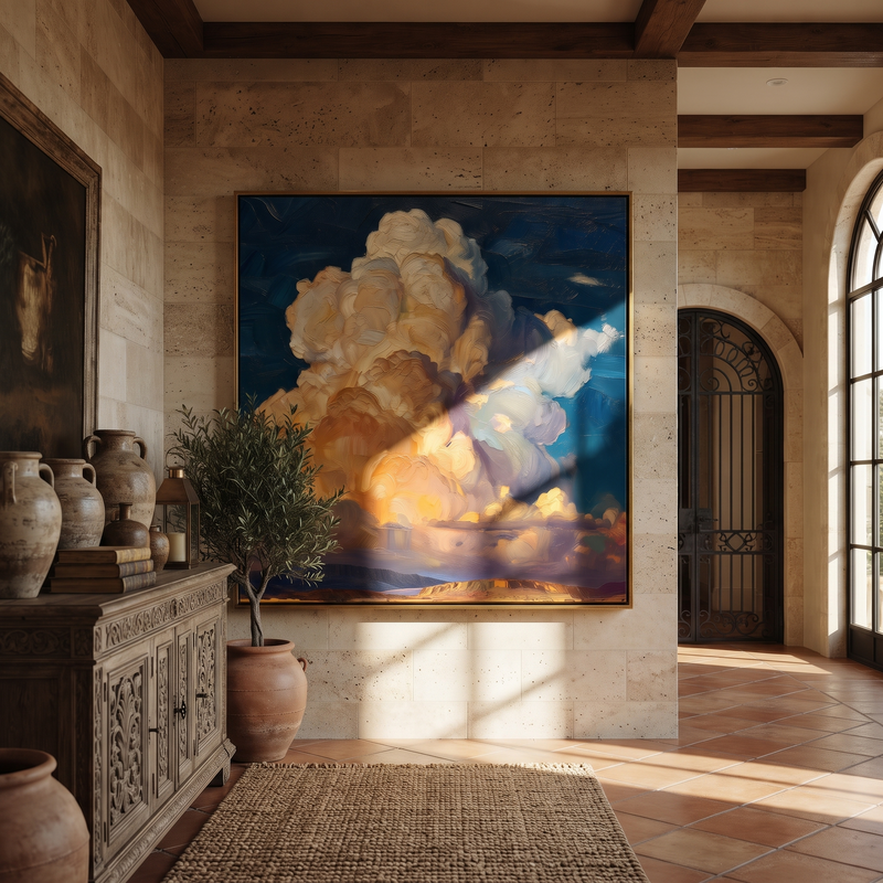 "Golden Cloud Horizon" - Blue Orange Sky Painting | Landscape Wall Art