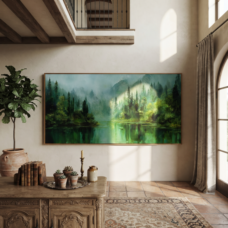 "Emerald Forest Lake" - Green Mountain Landscape Painting | Modern Wall Art