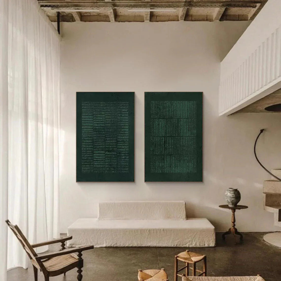 "Emerald Rhythms" – Minimalist 3D Forest Green Relief Diptych | Modern Textural Art Set of 2