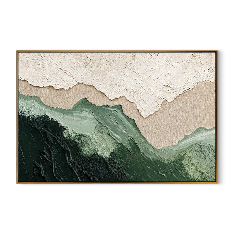 "Sage Ridge" - 3D Wabi-Sabi Mountain Relief | Green Beige & White Textured Landscape Art