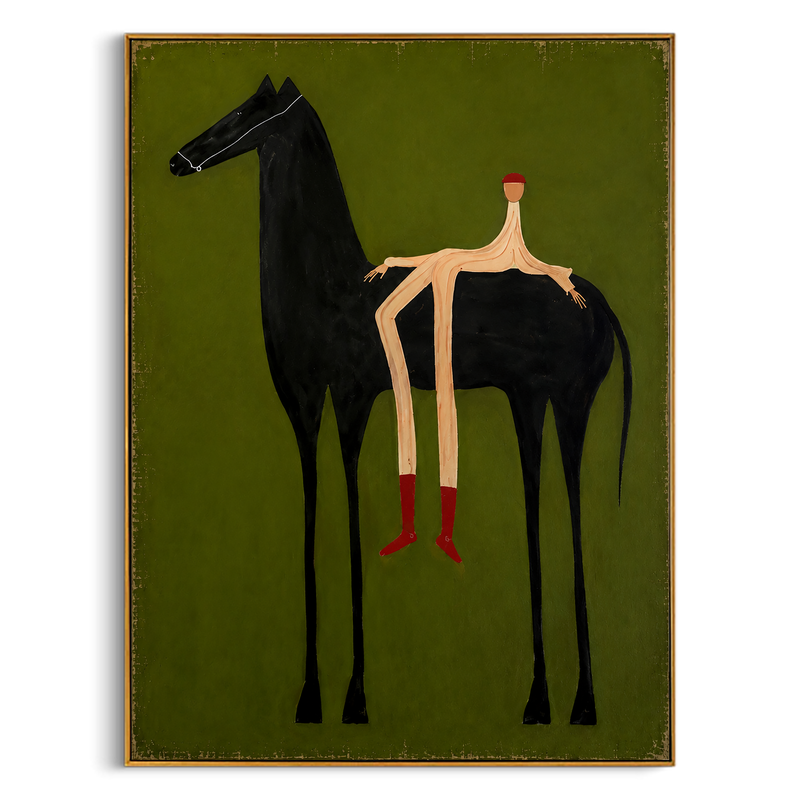 "The Rider" - Contemporary Naive Horse & Figure | Olive Green & Black Statement Art