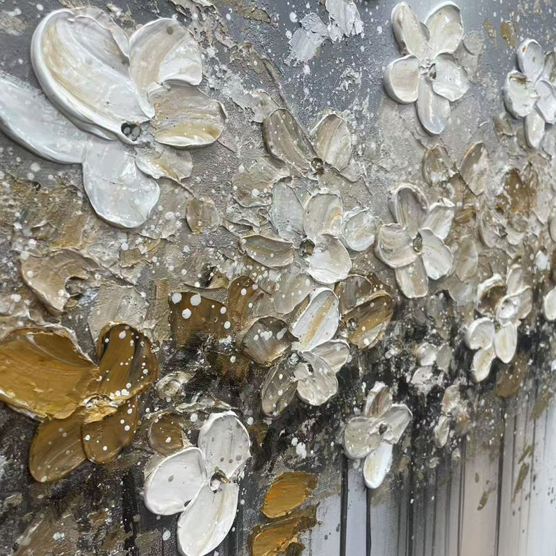 "Gilded Meadow" – Modern Abstract Gold Foil Impasto Floral Painting | Panoramic Living Room Centerpiece