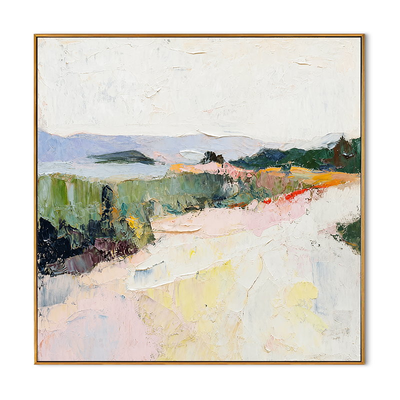 "Pastel Ridge" - Colorful Impasto Mountain Landscape | Green Pink & Yellow Textured Wall Art