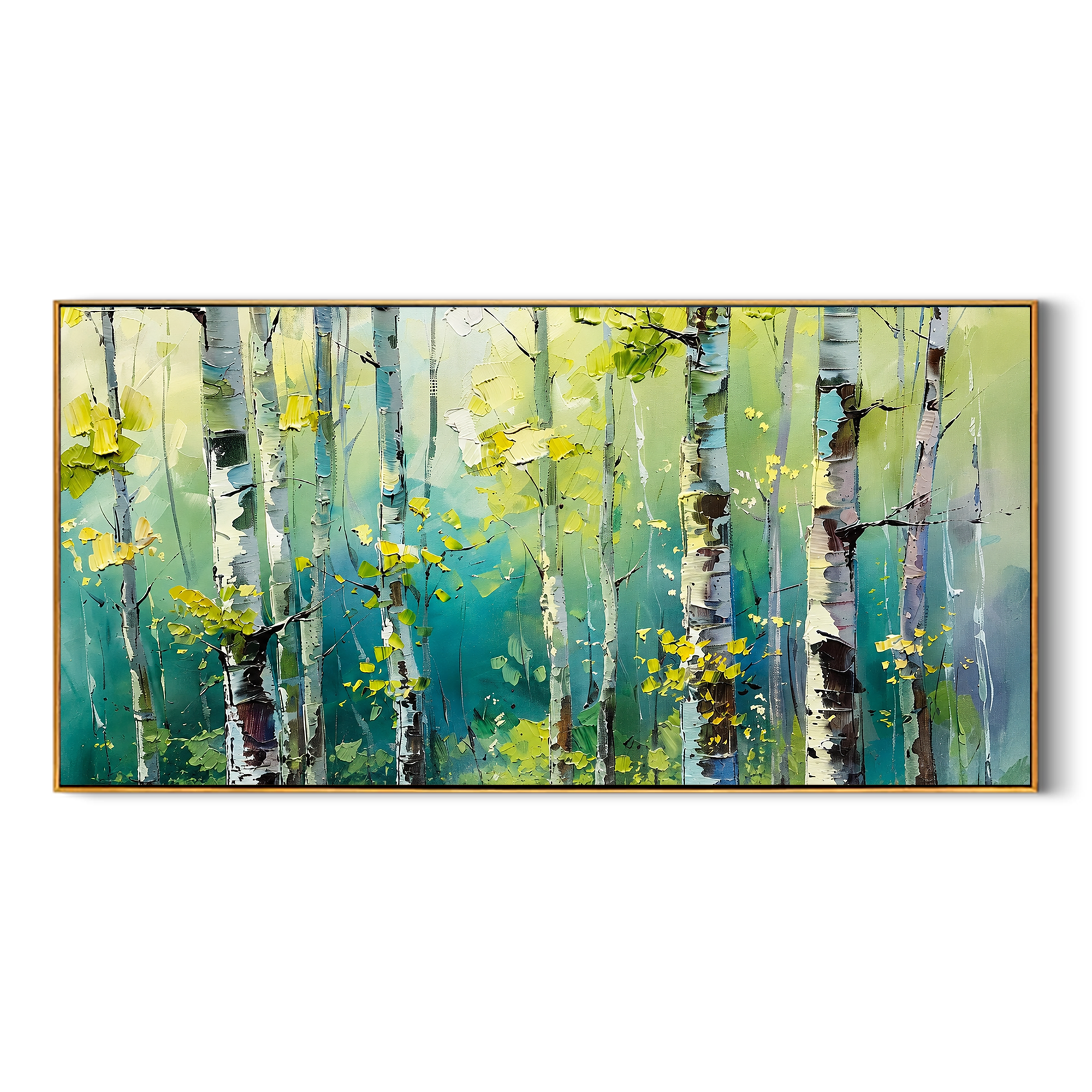"Birch Light" - Colorful Birch Forest Painting | Green Blue & Yellow Woodland Wall Art
