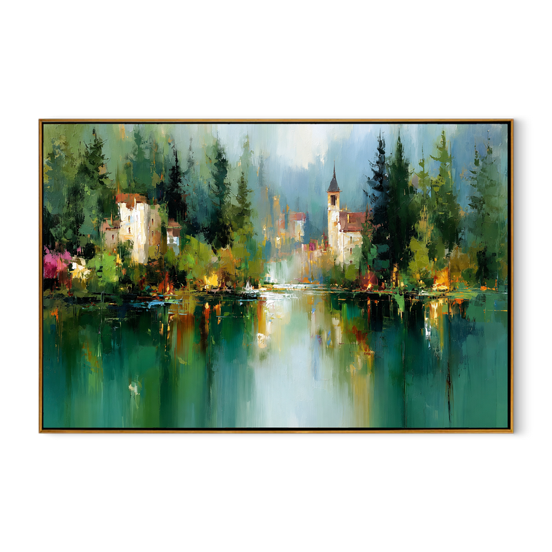 "Forest Reflection" - Green Lake Village Impasto Landscape | Blue & Emerald Horizontal Wall Art