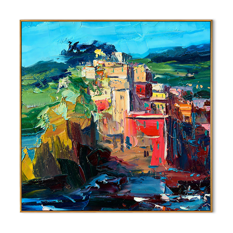 "Coastal Blocks" - Colorful Impasto Village Landscape | Blue Green & Coral Square Wall Art
