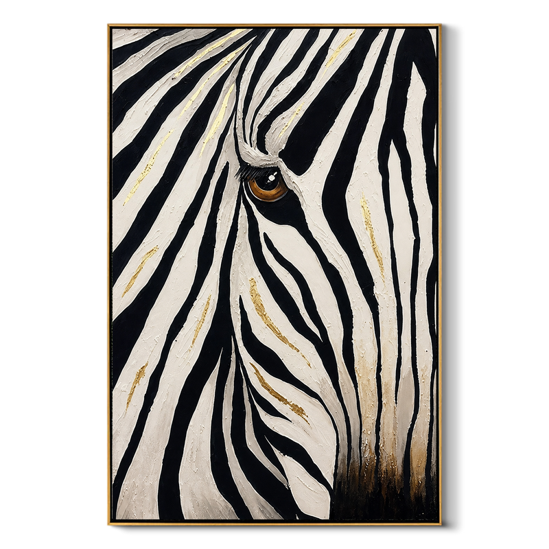 "Golden Gaze" - Textured Zebra Portrait Painting | Black White & Gold Vertical Animal Wall Art