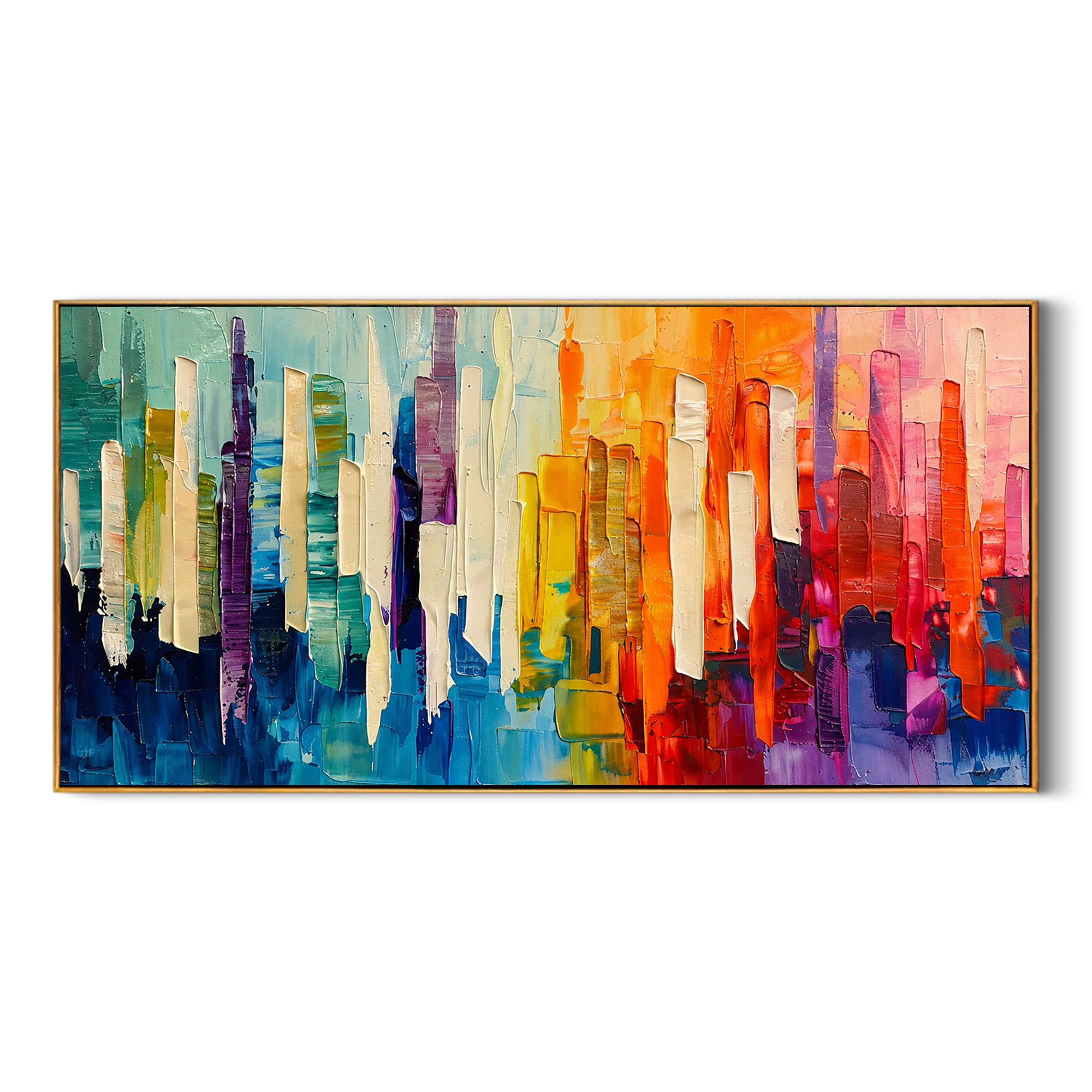 "Chromatic Skyline" - Colorful Abstract Cityscape Painting | Rainbow Vertical Forms Wall Art