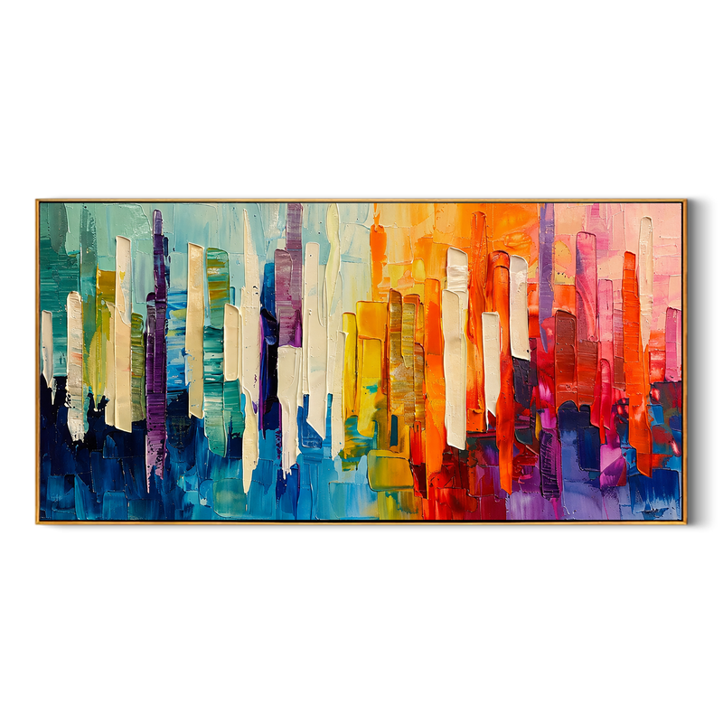 "Chromatic Skyline" - Colorful Abstract Cityscape Painting | Rainbow Vertical Forms Wall Art