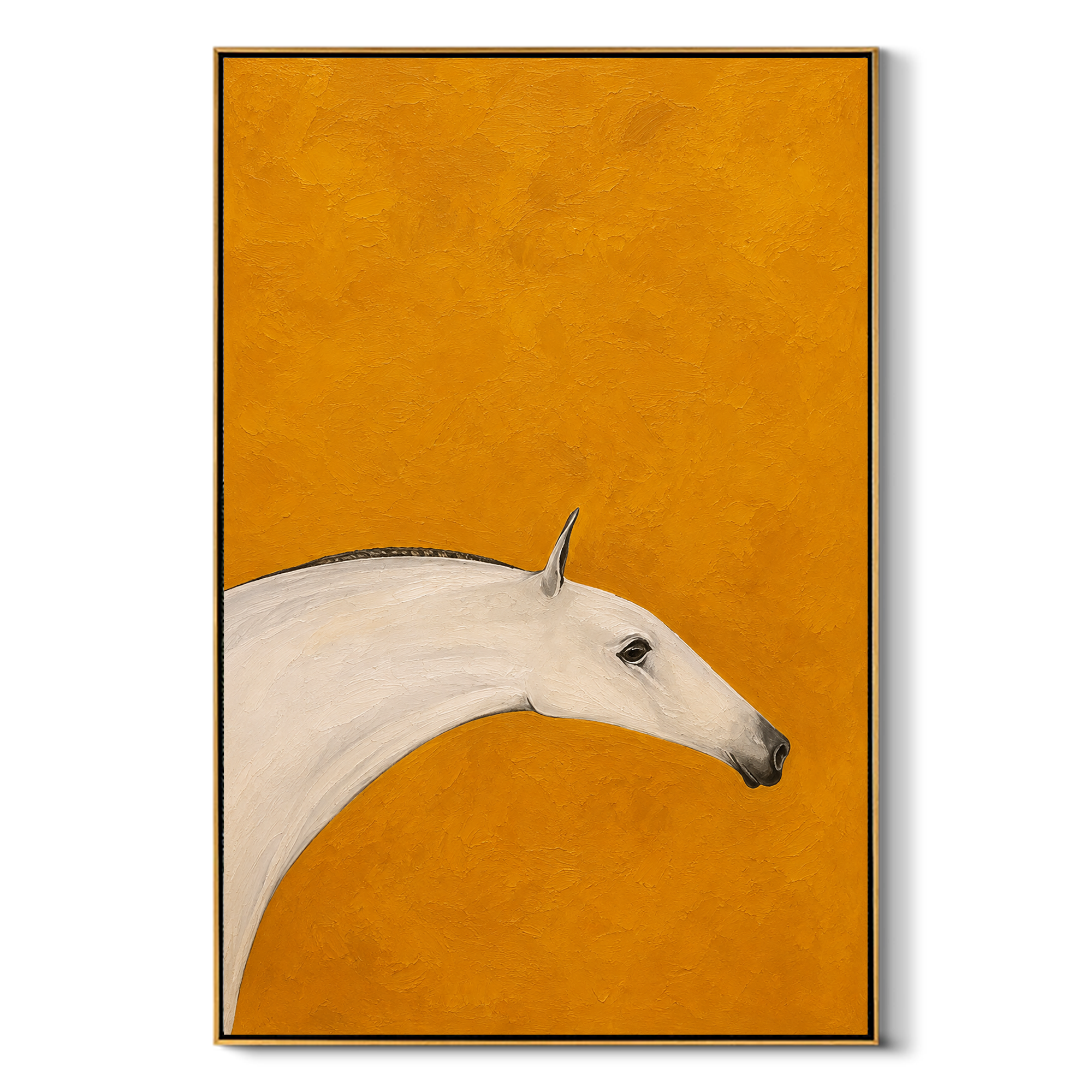 "Ochre Mare" - Minimalist White Horse Painting | Golden Yellow Vertical Animal Wall Art