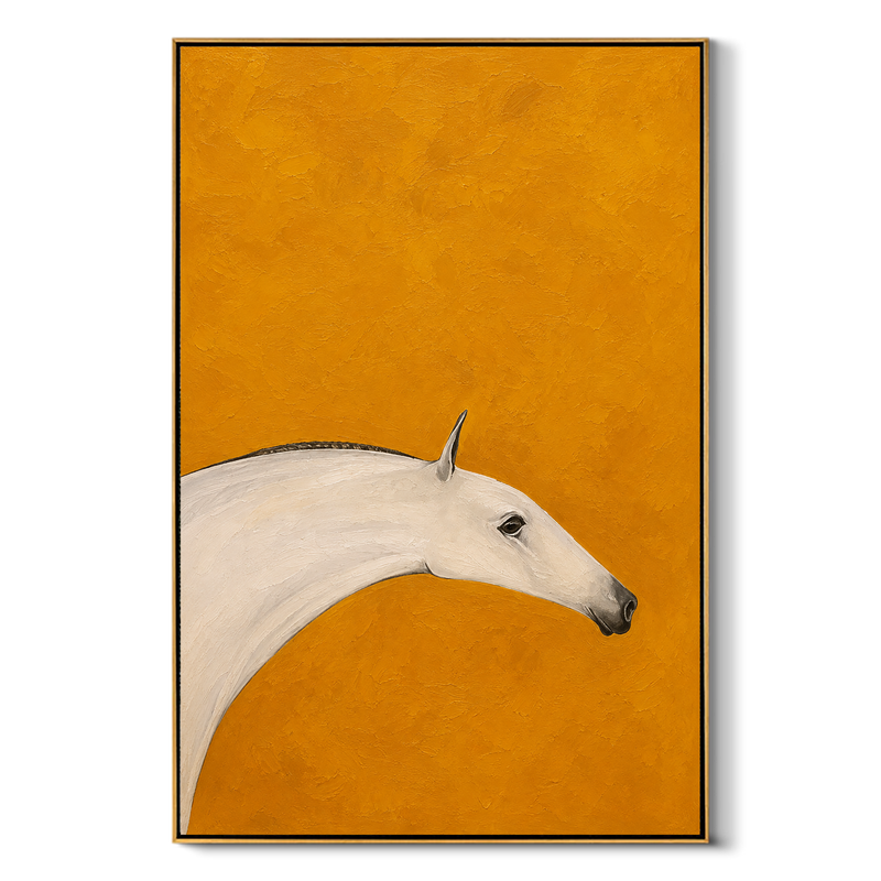 "Ochre Mare" - Minimalist White Horse Painting | Golden Yellow Vertical Animal Wall Art