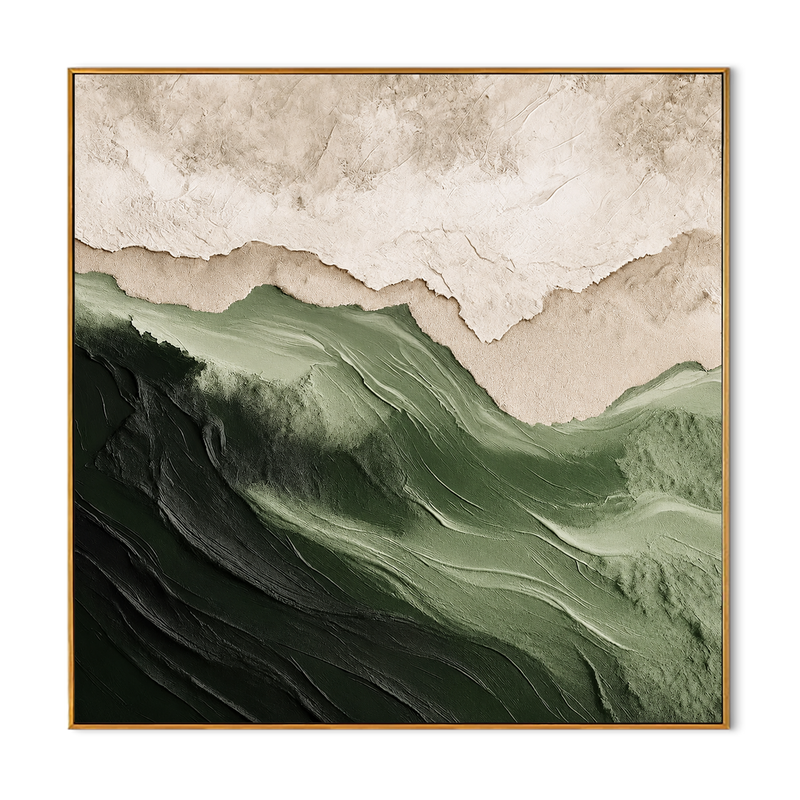 "Forest Ridge" - 3D Wabi-Sabi Mountain Relief | Green Beige & White Square Textured Art