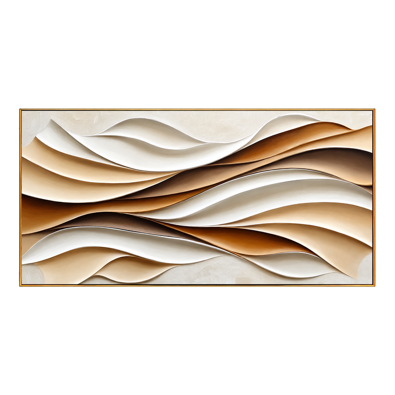 "Folded Dunes" - 3D White Beige & Brown Wave Relief | Horizontal Wabi-Sabi Textured Wall Art