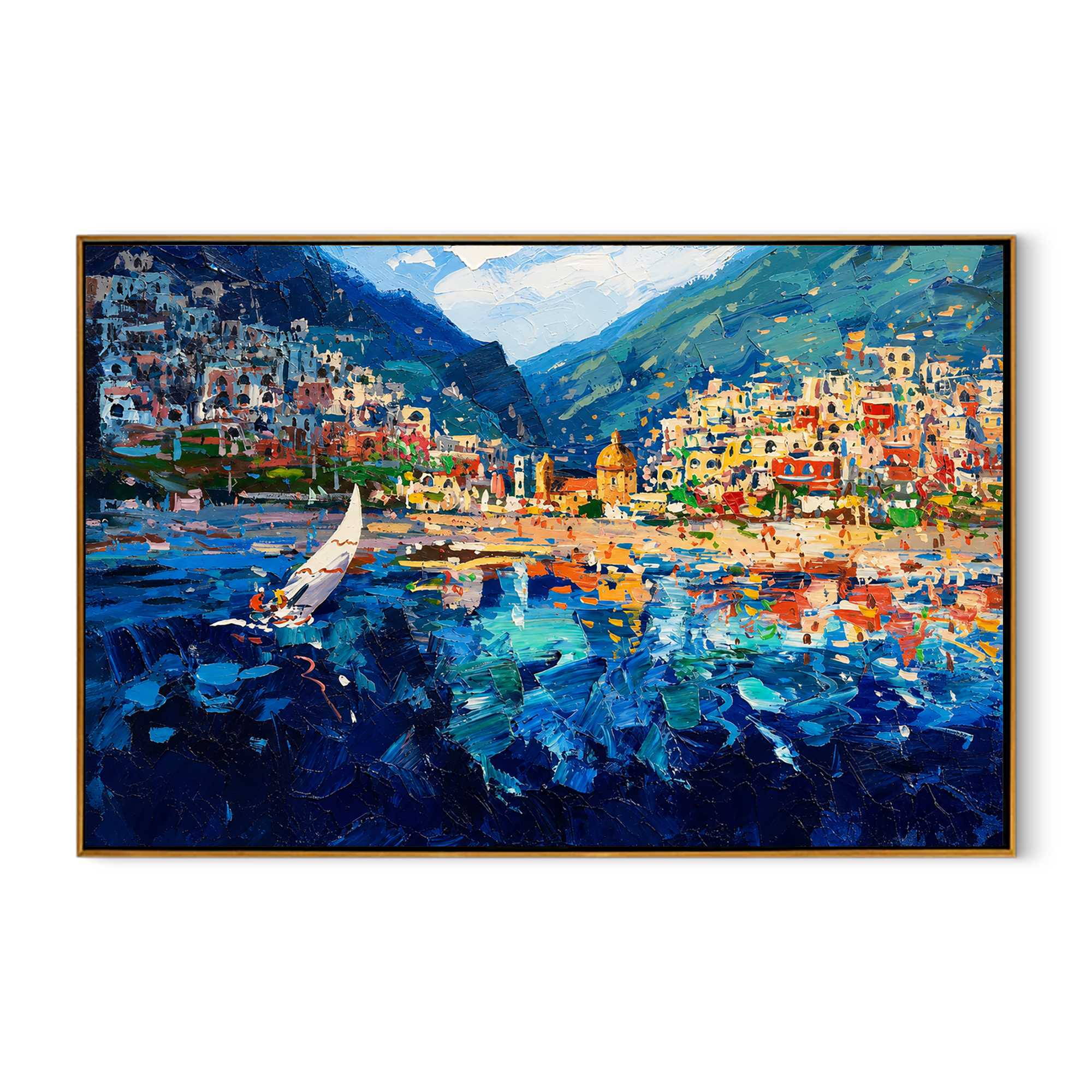 "Harbor Mosaic" - Colorful Impasto Coastal Village Painting | Blue Green & Orange Mediterranean Wall Art