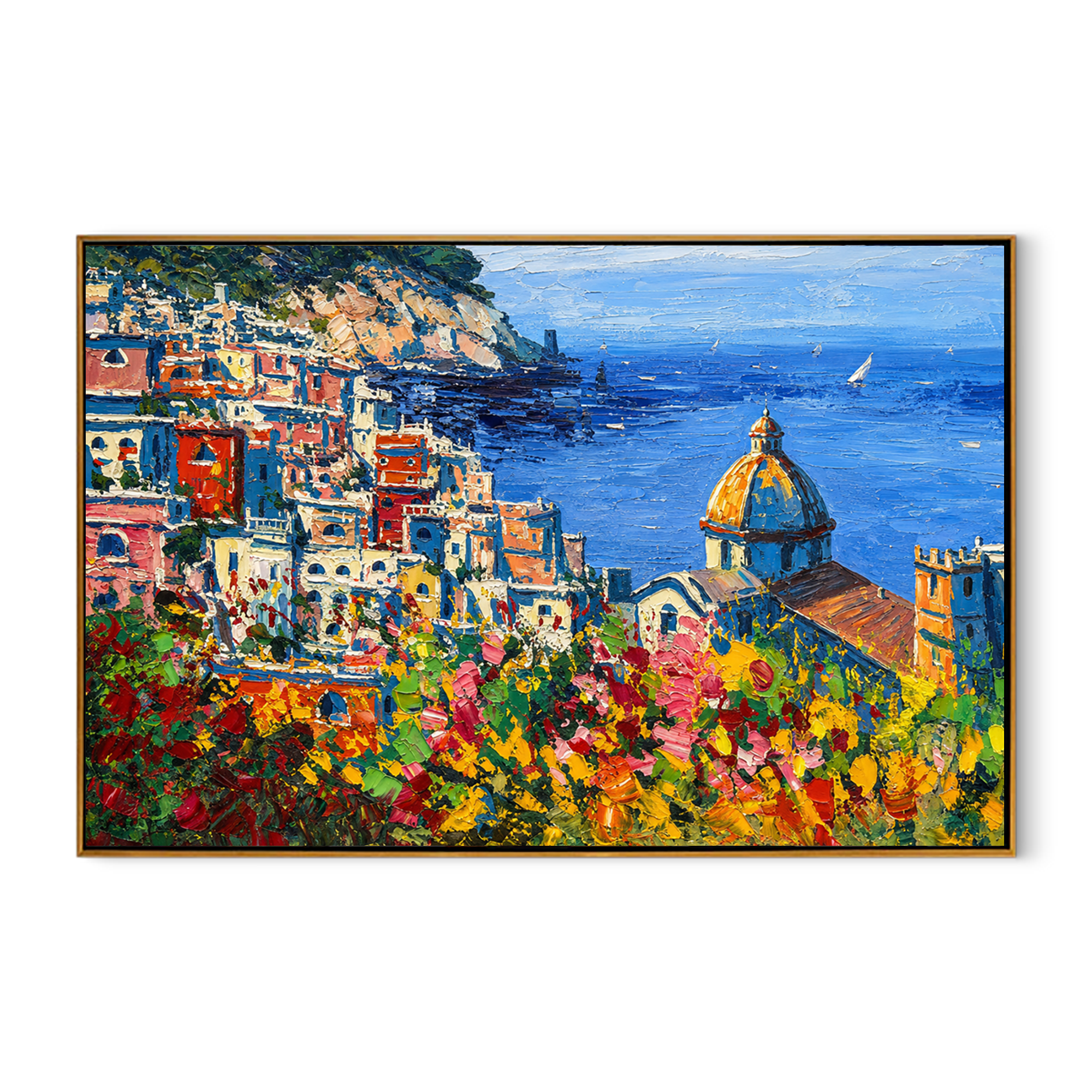 "Amalfi Bloom" - Colorful Mediterranean Coastal Landscape | Blue Sea & Floral Village Wall Art
