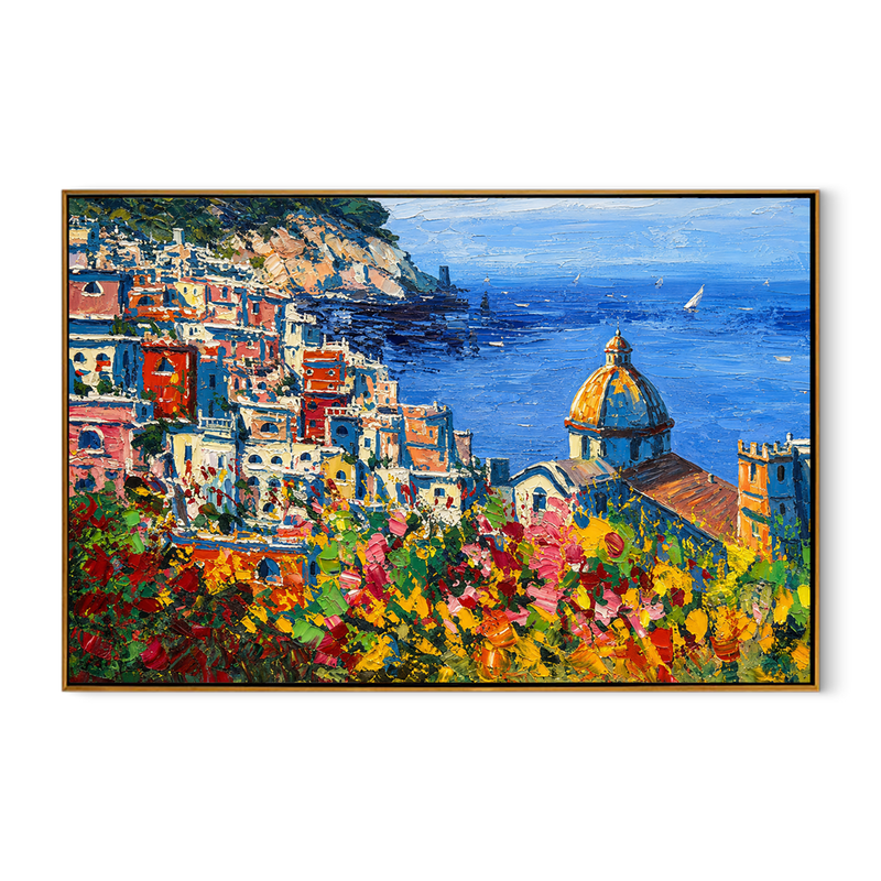 "Amalfi Bloom" - Colorful Mediterranean Coastal Landscape | Blue Sea & Floral Village Wall Art