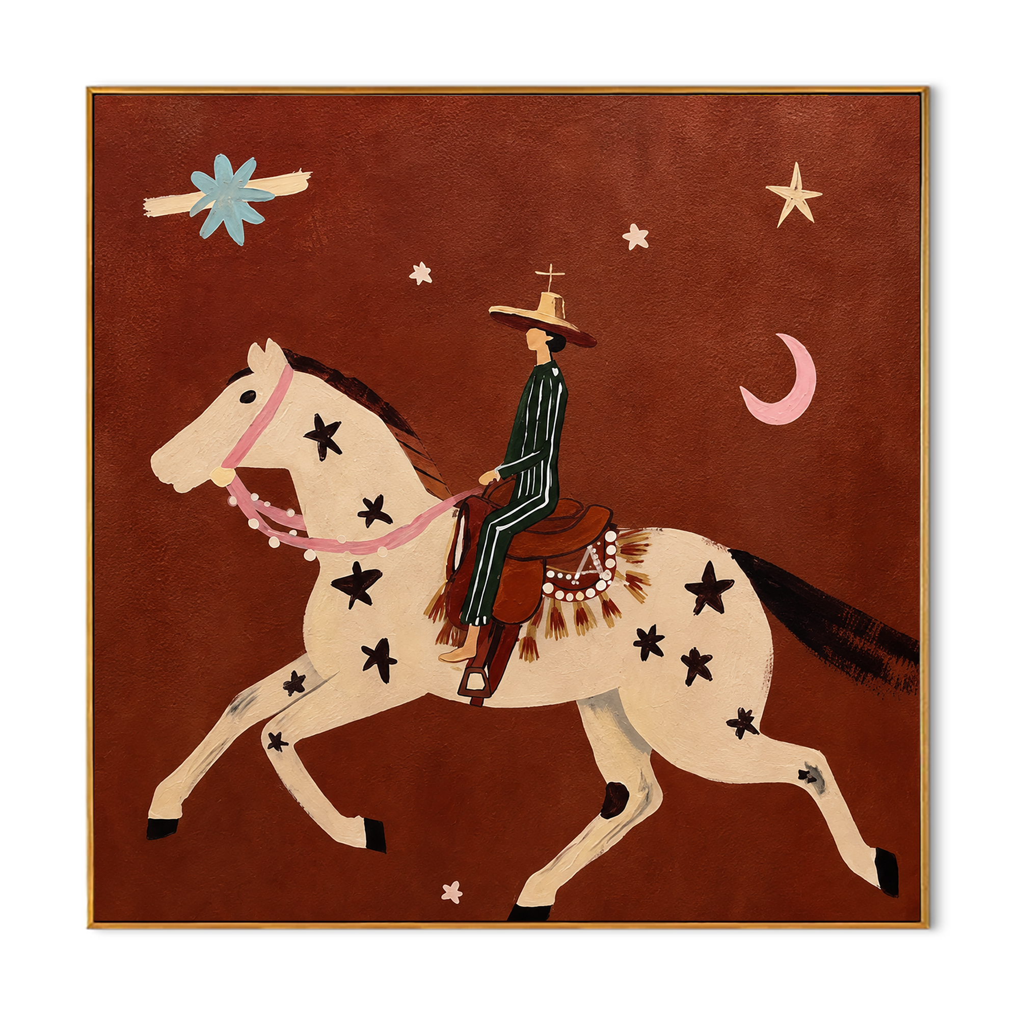 "Moonlit Rider" - Whimsical Horse & Cowboy Painting | Rust Red Western Animal Wall Art