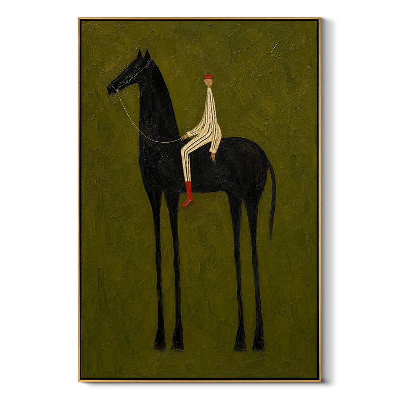 "Black Horse Reverie" - Minimalist Rider & Horse Painting | Olive Green Vertical Animal Wall Art
