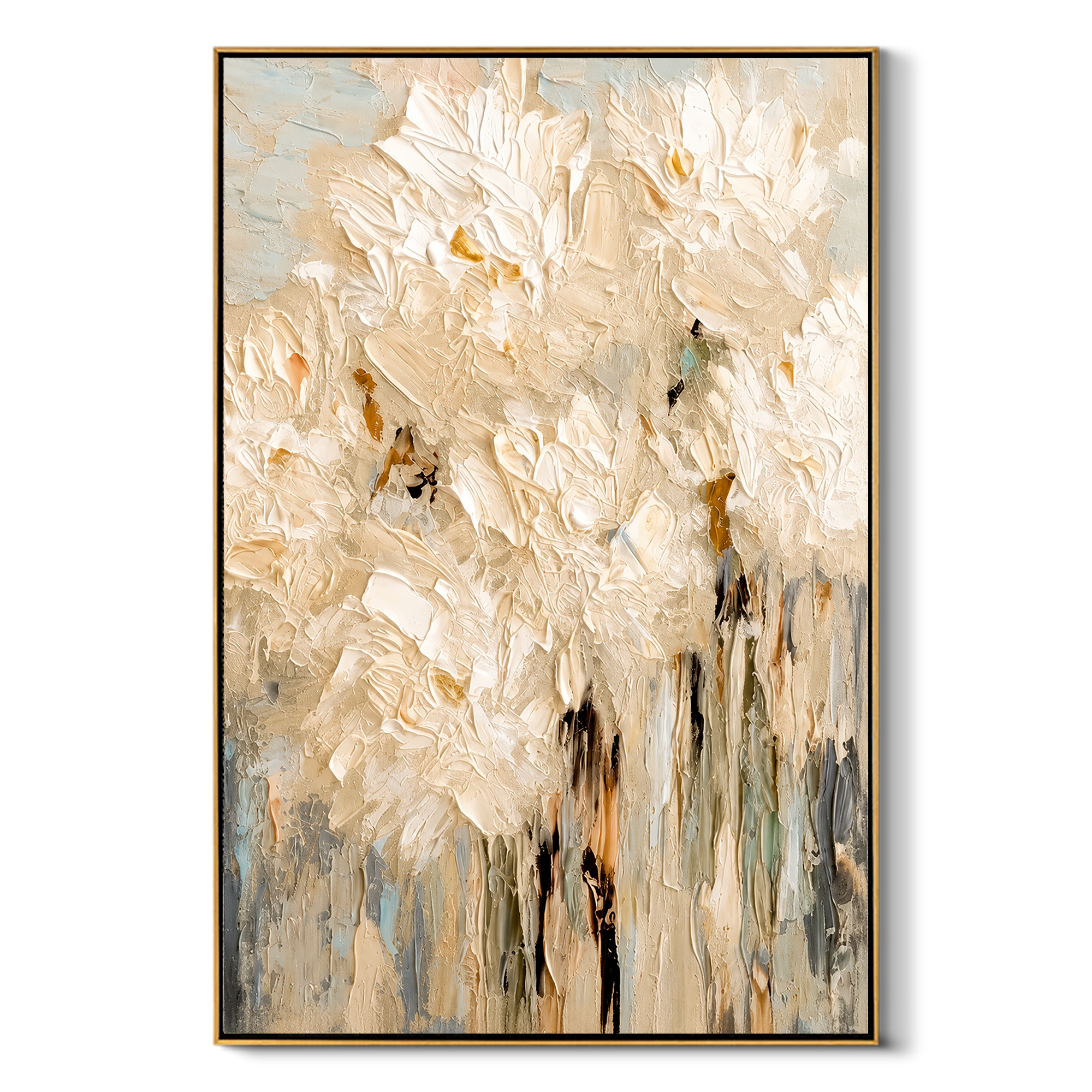 "Ivory Bloomfall" - White Impasto Floral Painting | Beige Textured Vertical Flower Wall Art