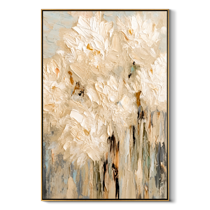 "Ivory Bloomfall" - White Impasto Floral Painting | Beige Textured Vertical Flower Wall Art