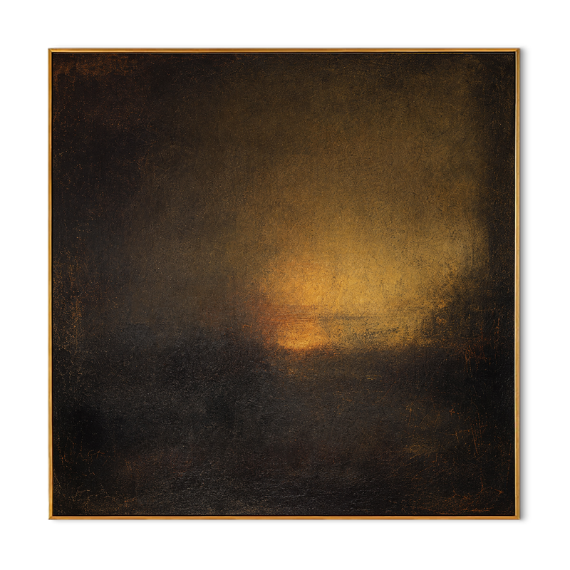 "Amber Nocturne" - Dark Abstract Glow Painting | Black Brown & Gold Square Wall Art