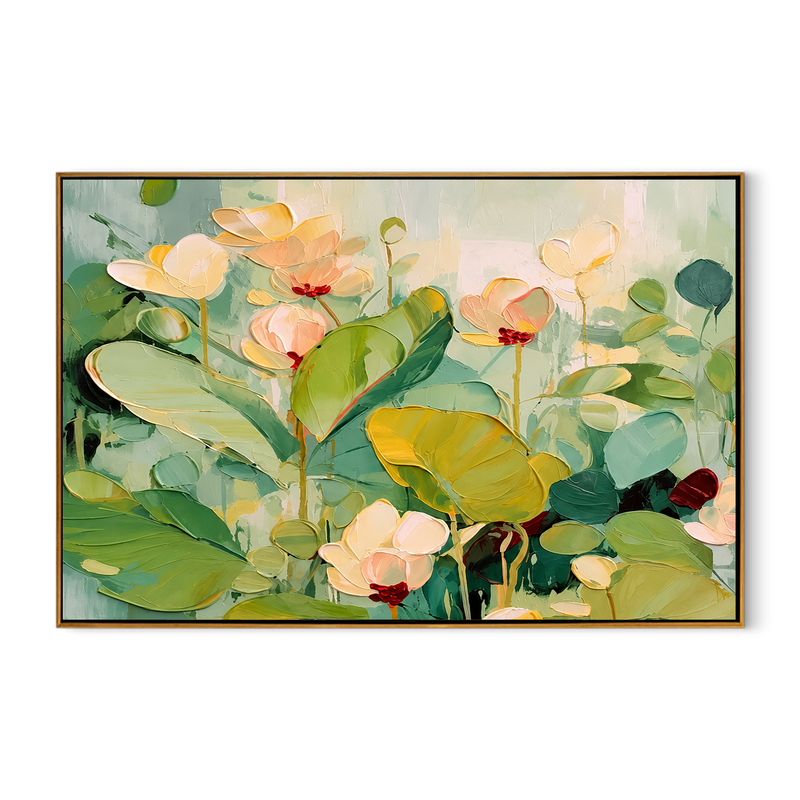"Lotus Morning" - Soft Floral Water Lily Painting | Green White & Pink Botanical Wall Art