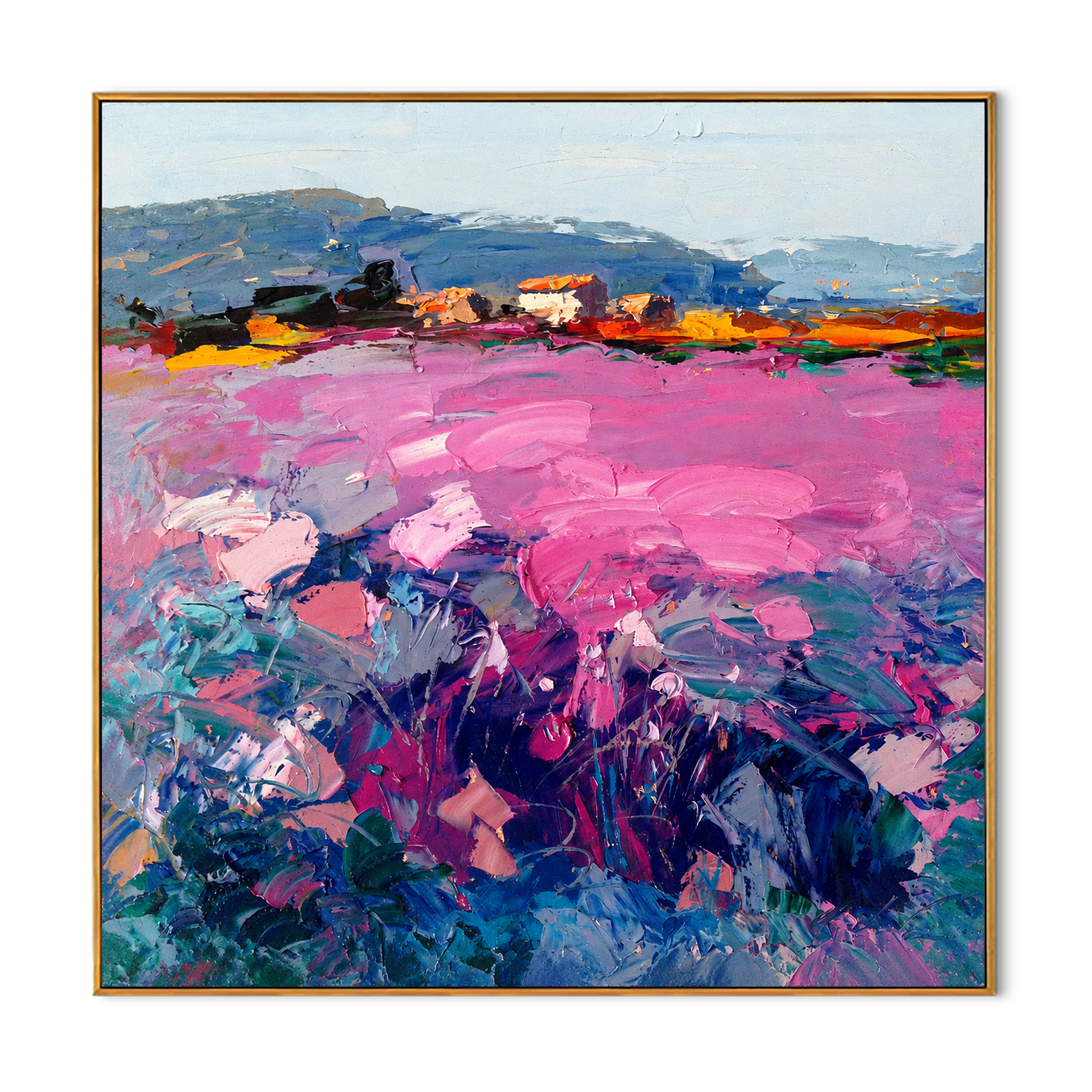 "Pink Terrain" - Colorful Impasto Landscape Painting | Blue Pink & Green Square Wall Art