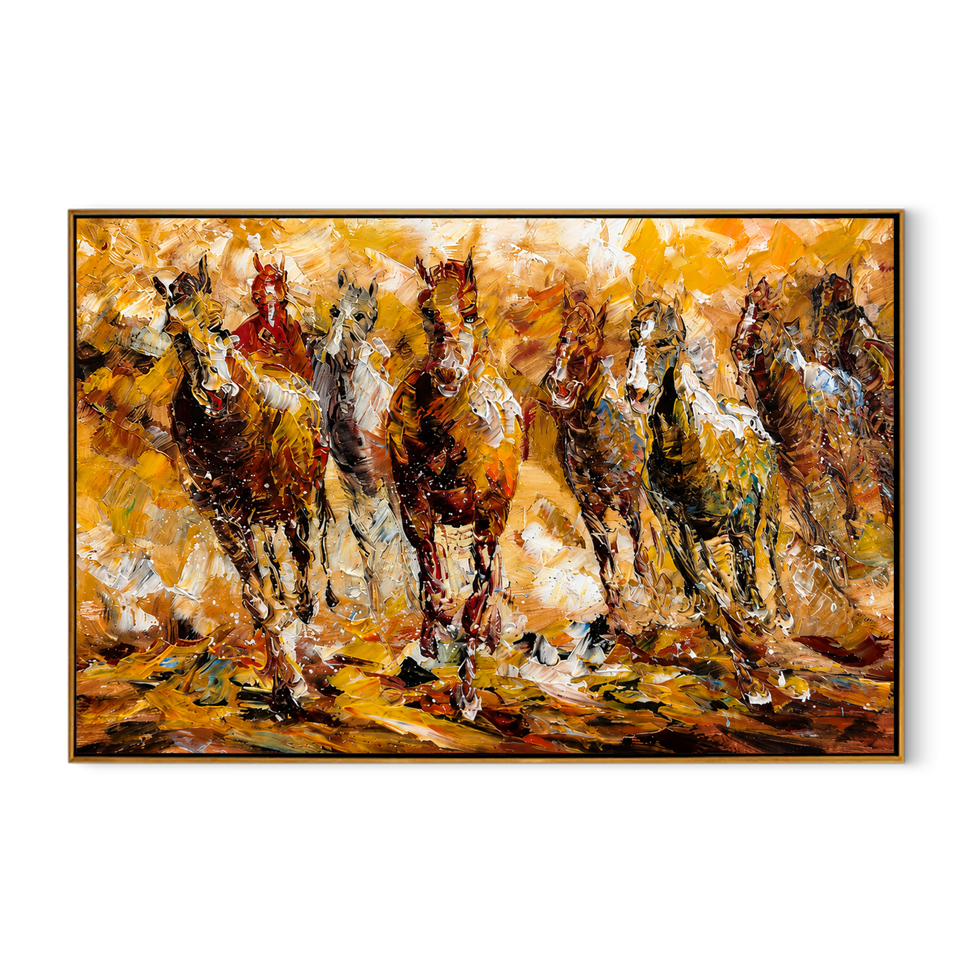 "Golden Gallop" - Colorful Impasto Horse Herd Painting | Brown Gold & White Equestrian Wall Art