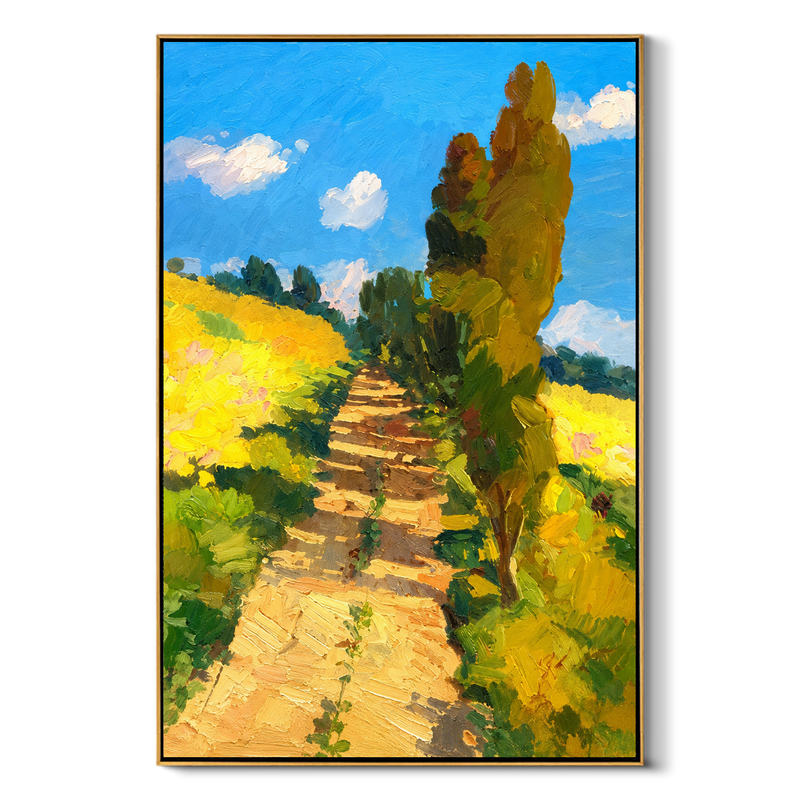 "Sunlit Path" - Yellow Field & Cypress Impasto Landscape | Blue Green Vertical Wall Art