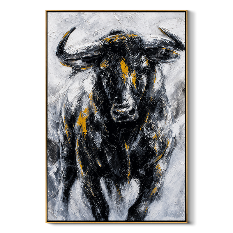 "Iron Buffalo" - Black White & Gold Textured Buffalo Portrait | Vertical Animal Wall Art