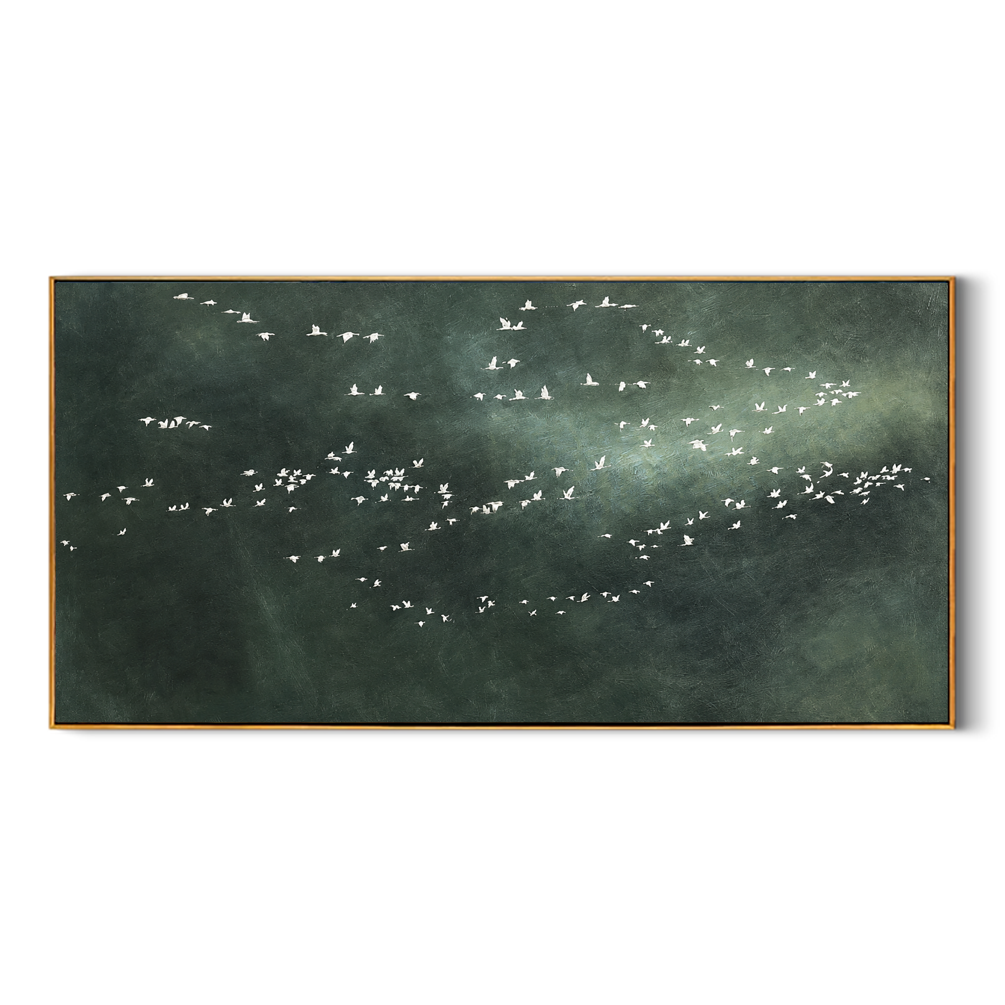 "Distant Flock" - Minimalist Bird Landscape Painting | Dark Green Horizontal Wall Art