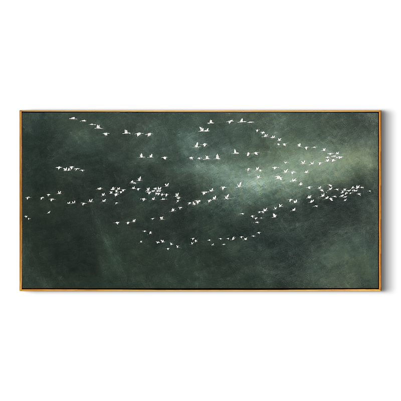 "Distant Flock" - Minimalist Bird Landscape Painting | Dark Green Horizontal Wall Art