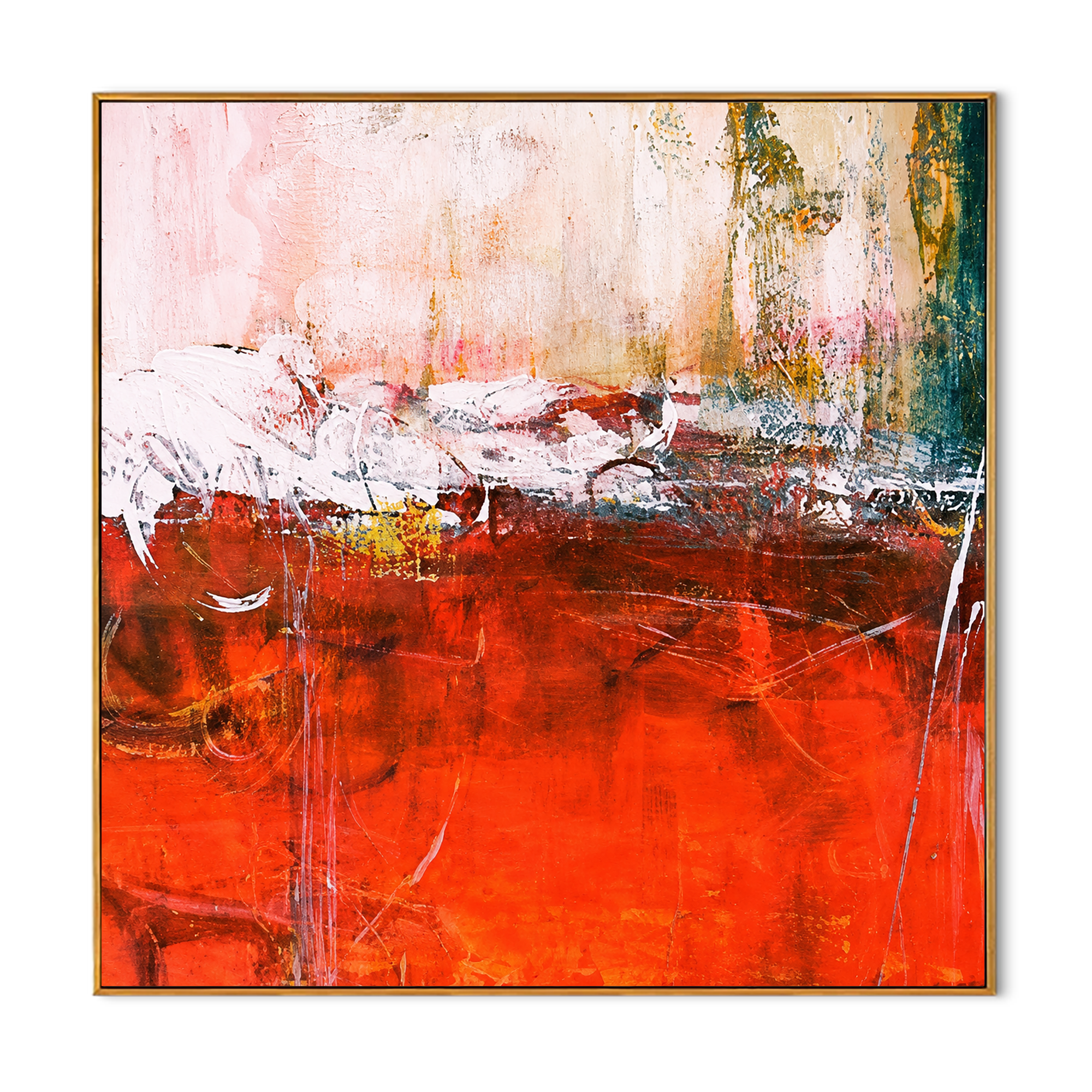 "Ember Divide" - Red White & Gold Textured Abstract Painting | Contemporary Square Statement Art