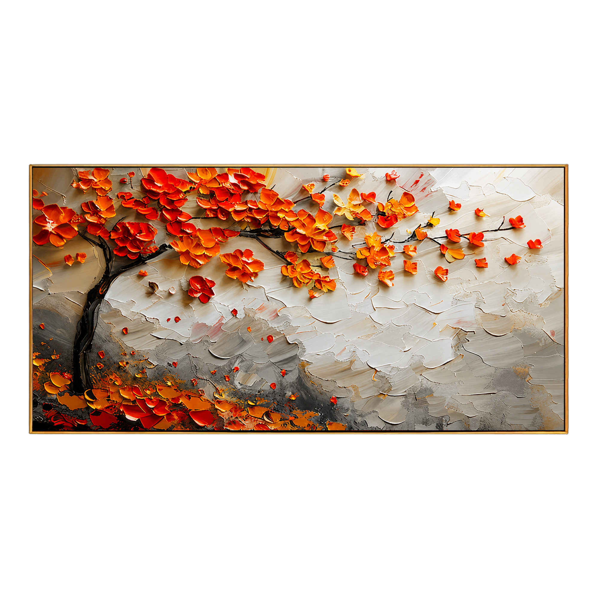 "Autumn Canopy" - Orange Blossom Tree Impasto Painting | White Grey & Gold Horizontal Wall Art