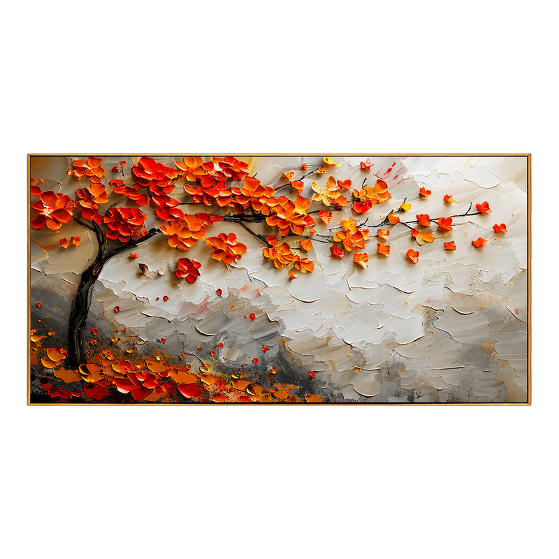 "Autumn Canopy" - Orange Blossom Tree Impasto Painting | White Grey & Gold Horizontal Wall Art