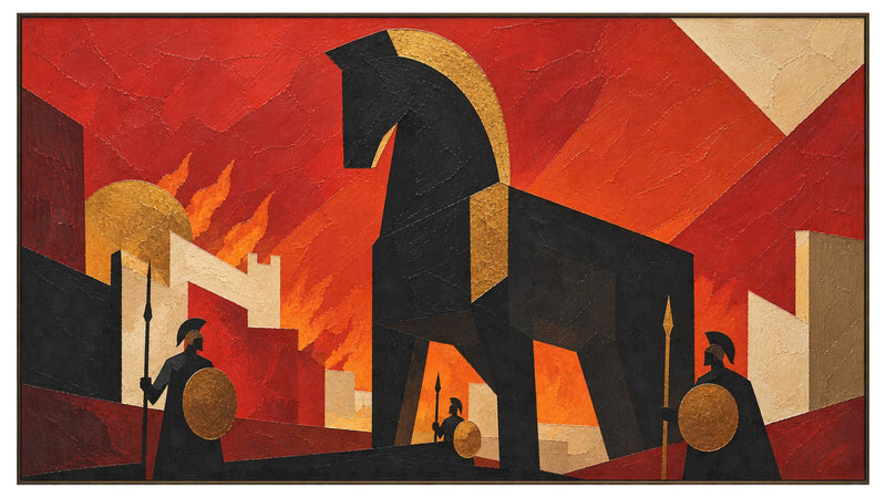 "The Trojan Gate" - Contemporary Trojan Horse Art | Red Black & Gold Greek Mythology Statement Painting