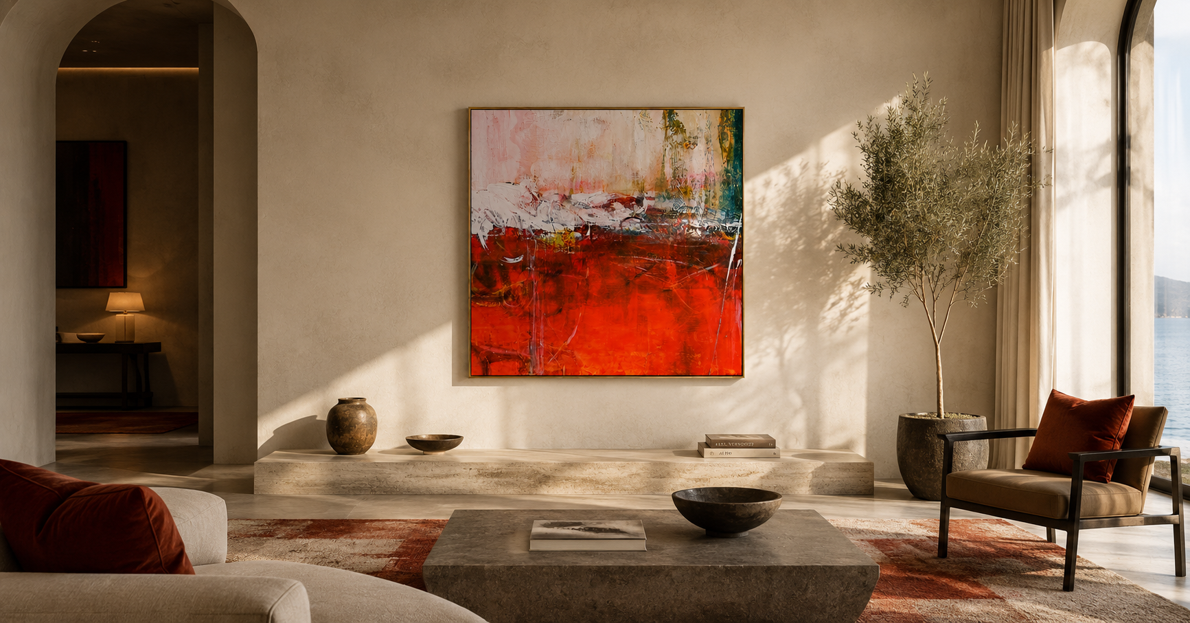 "Ember Divide" - Red White & Gold Textured Abstract Painting | Contemporary Square Statement Art