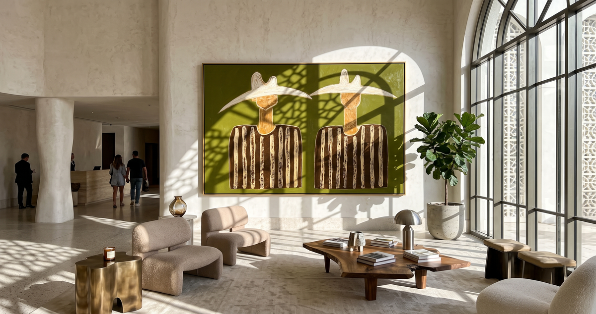 "Twin Quiet Riders" - Minimalist Western Figure Painting | Olive Green Contemporary Wall Art
